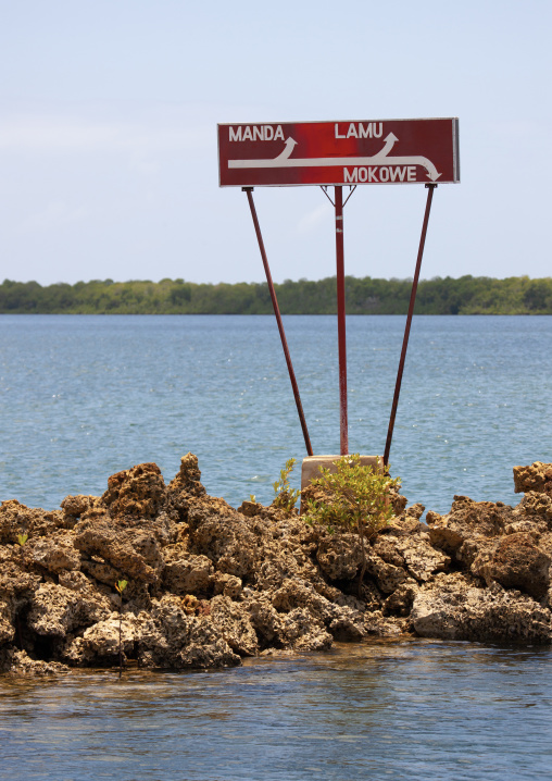 Road sign on the channel, Lamu County, Lamu, Kenya