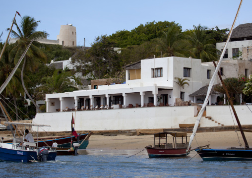 Boats in front of Peponi hotel, Lamu County, Shela, Kenya