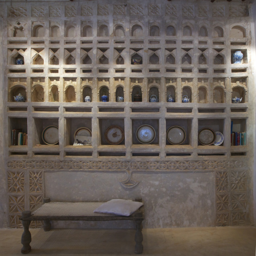 Carved plasterwork niche with exhibition of antique artefacts, Lamu County, Shela, Kenya