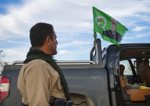 Peshmerga Car With A Patriotic Union Of Kurdistan Flag, Kirkuk, Kurdistan, Iraq