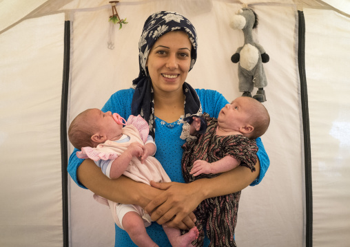Syrian Refugee Woman With Her Twins Babies, Erbil, Kurdistan, Iraq