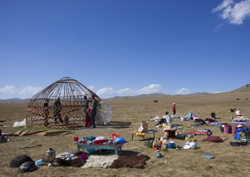 Family Putting Up A Yurt In The Steppe, Song Kol Lake Area,  Kyrgyzstan
