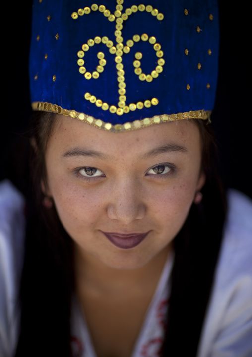 Woman Wearing Traditional Clothes And Headgear, Village Of Kyzart, Kyrgyzstan