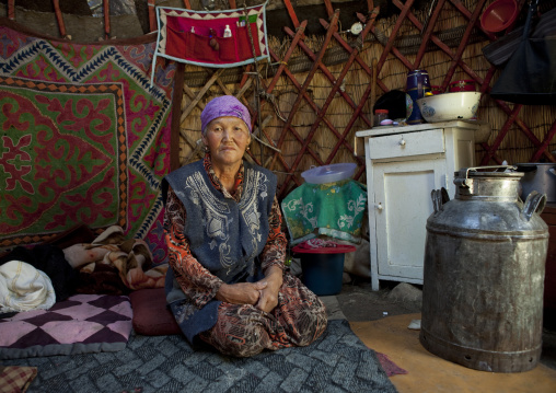 Woman With Headscarf Inside Her Yurt, Bazartuiuk Area, Kyrgyzstan