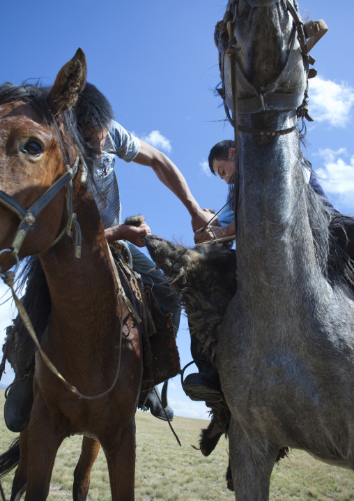 Horsemen Pulling On A Goat Carcass During A Horse Game, Saralasaz Jailoo, Kyrgyzstan
