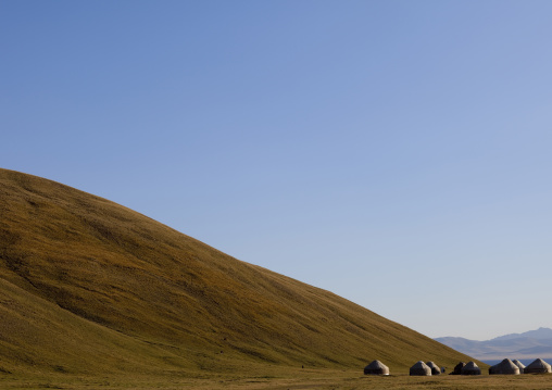 Yurts Of Jaman Echki Jailoo Village At The Foot Of A Hill, Song Kol Lake Area, Kyrgyzstan