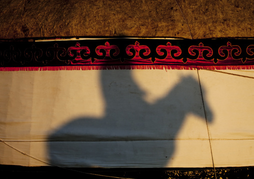 Shadow Of A Horseman And His Horse On The Canvas Of A Yurt In Jaman Echki Jailoo Village, Kyrgyzstan