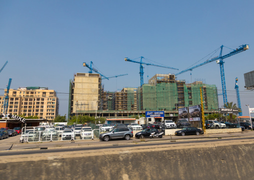 Cars shop in front of buildings under construction, Beirut Governorate, Beirut, Lebanon