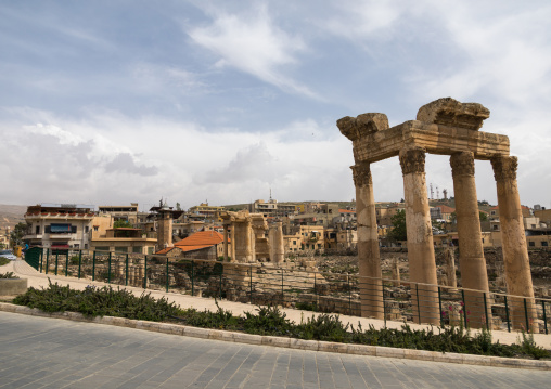Antique ruins at the archeological site in the middle of the town, Beqaa Governorate, Baalbek, Lebanon