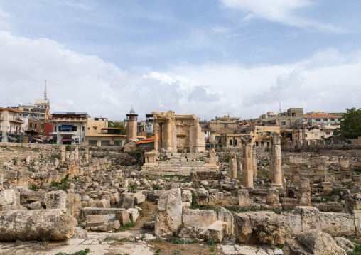 Antique ruins at the archeological site in the middle of the town, Beqaa Governorate, Baalbek, Lebanon
