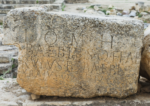 Inscription on stone in the great court, Beqaa Governorate, Baalbek, Lebanon
