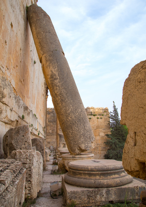 A column stands on the wall of the Jupiter temple after an earthquake, Beqaa Governorate, Baalbek, Lebanon