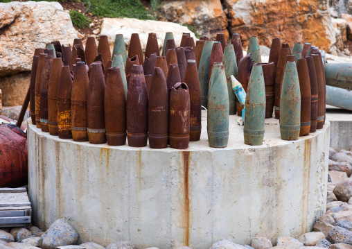Israeli rockets in the war museum operated by Hezbollah called the tourist landmark of the resistance or museum for resistance tourism, Nabatiyeh Governorate, Mleeta, Lebanon