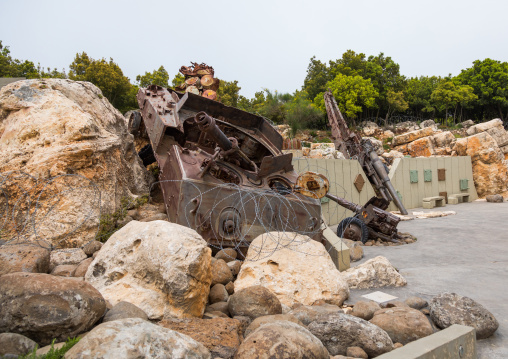 Israeli tank in the war museum operated by Hezbollah called the tourist landmark of the resistance or museum for resistance tourism, Nabatiyeh Governorate, Mleeta, Lebanon