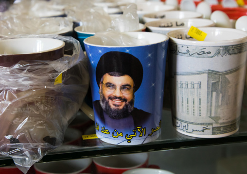 Sheikh Hassan Nasrallah mug in the hezbollah souvenirs shop in the tourist landmark of the resistance, South Governorate, Mleeta, Lebanon