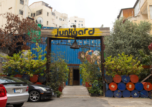 Junkyard cafe in Mar Mikhael made with containers and barrels, Beirut Governorate, Beirut, Lebanon