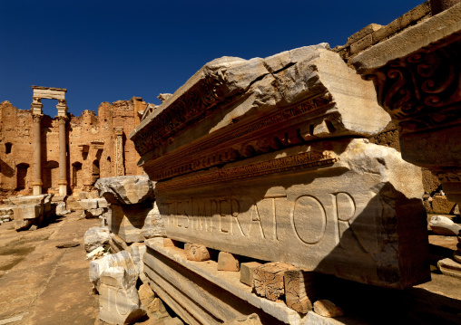 Ancient ruins of new basilica in leptis magna, Tripolitania, Khoms, Libya