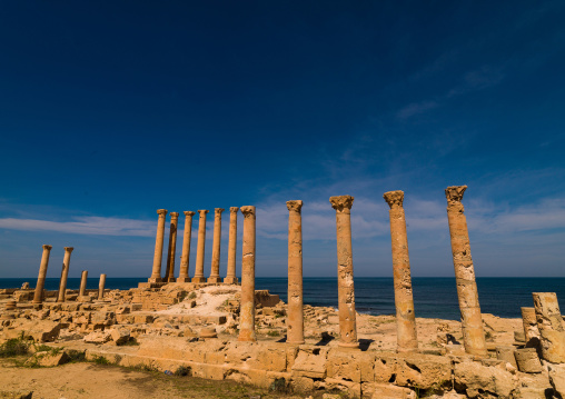 Ruins of a temple in front of the sea, Tripolitania, Sabratha, Libya