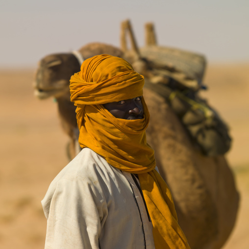 Portrait of a tuareg man with his camel, Tripolitania, Ghadames, Libya
