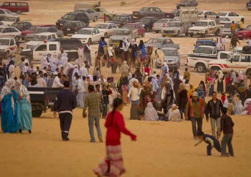 People and cars in the desert, Tripolitania, Ghadames, Libya