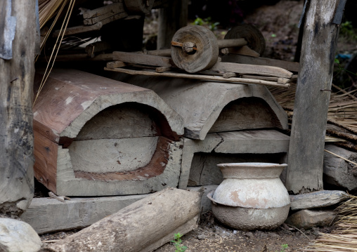 Thai kaho coffins under a house, Ban sam kang, Laos