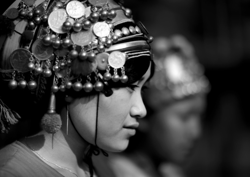 Akha minority women with traditional headdresses, Muang sing, Laos