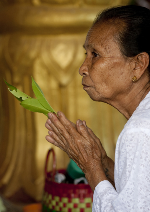 Woman praying in a temple, Muang sing, Laos
