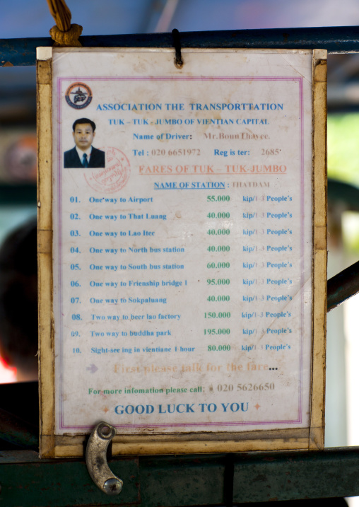 Price list in a taxi, Vientiane, Laos