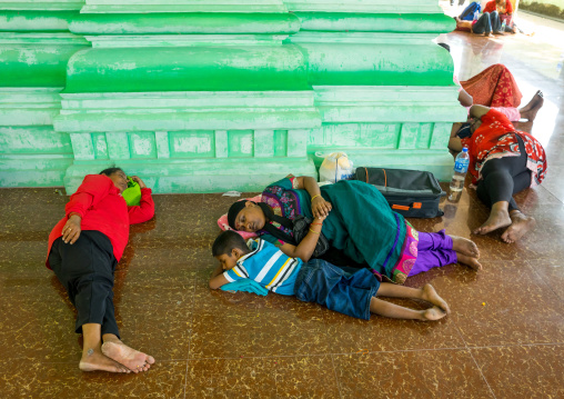 Family Sleeping In A Temple During Annual Thaipusam Religious Festival, Southeast Asia, Kuala Lumpur, Malaysia