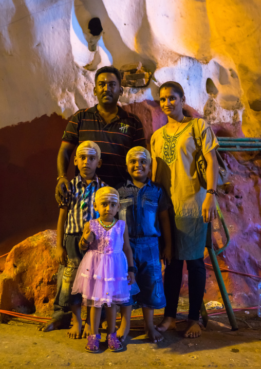 Portrait Of Parents With Their Children Who Have Heads Shaved In Batu Caves In Annual Thaipusam Religious Festival, Southeast Asia, Kuala Lumpur, Malaysia