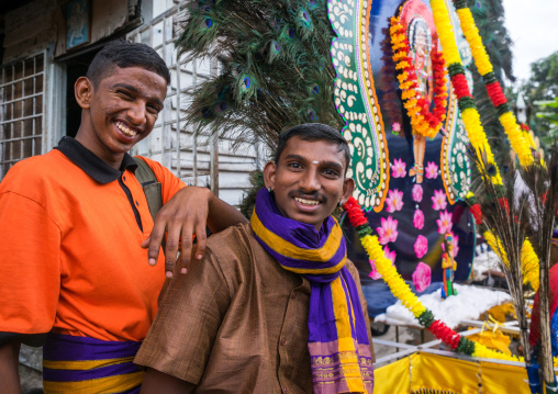 Smiling Hindu Devotees In Annual Thaipusam Religious Festival In Batu Caves, Southeast Asia, Kuala Lumpur, Malaysia