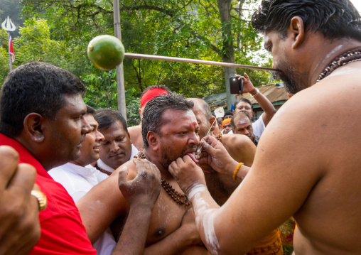 A Devotee Cheek Is Pierced By A Priest At Thaipusam Hindu Festival At Batu Cave, Southeast Asia, Kuala Lumpur, Malaysia