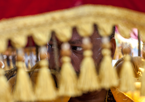 Hindu Devotee In Annual Thaipusam Religious Festival In Batu Caves Seen Thru His Umbrella Kavadi, Southeast Asia, Kuala Lumpur, Malaysia