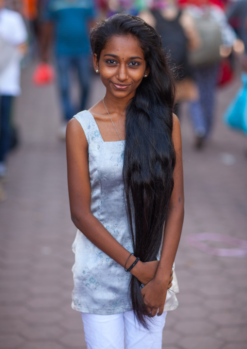 Portrait Of A Girl With Long Hair In Batu Caves In Annual Thaipusam Religious Festival, Southeast Asia, Kuala Lumpur, Malaysia