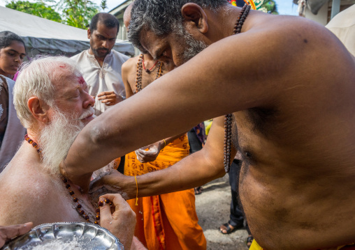 Carl, An Australian Hindu Devotee In Annual Thaipusam Religious Festival In Batu Caves Having Hooks Hung On His Chest, Southeast Asia, Kuala Lumpur, Malaysia