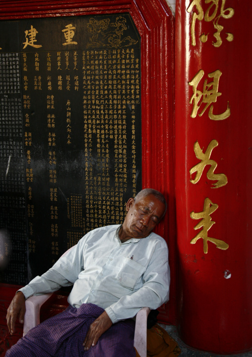 Man Sleeping In A Chinese Temple, Rangoon, Myanmar