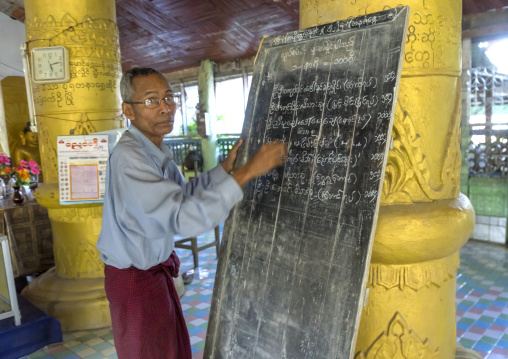 Man Writing On A Billboard Inside A Temple, Mrauk U, Myanmar