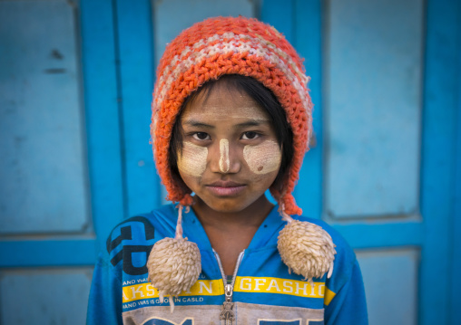 Young Chin Girl With Thanaka On The Face And A Woolly Hat  , Mindat, Myanmar