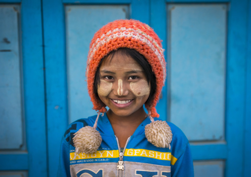 Young Chin Girl With Thanaka On The Face And A Woolly Hat  , Mindat, Myanmar