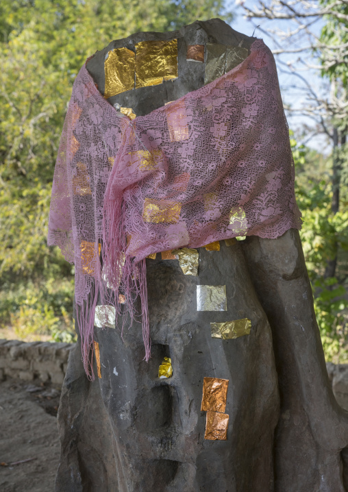 Decapitated Statue With Gold Leaves, Mrauk U, Myanmar