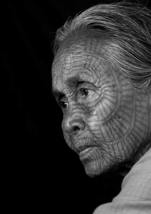 Tribal Chin Woman With Spiderweb Tattoo On The Face, Mrauk U, Myanmar