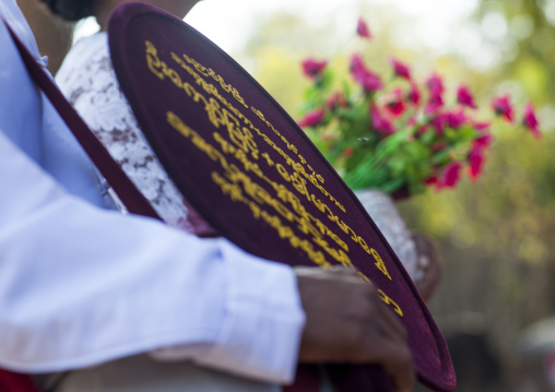 Men Holding Fans During Novitiation Parade, Bagan,  Myanmar