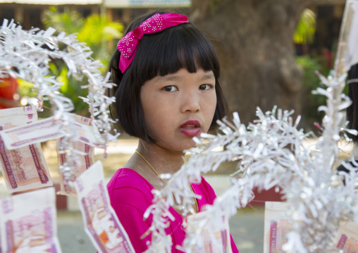 Girl Walking To The Temple With Offerings For A Novitiation Ceremony, Bagan,  Myanmar