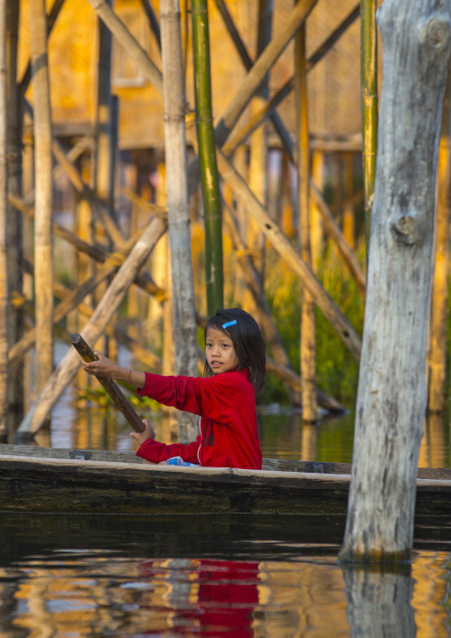 Girl Rowing In A Boat, Inle Lake, Myanmar