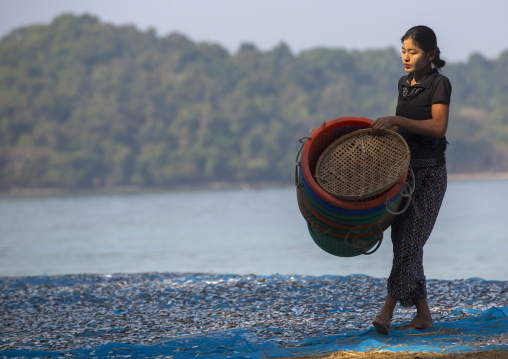 Woman Putting Dried Fish On The Floor, Ngapali, Myanmar