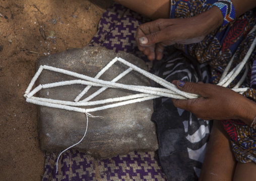 Bushman Women Making Necklaces With Ostrich Egg Shell, Tsumkwe, Namibia