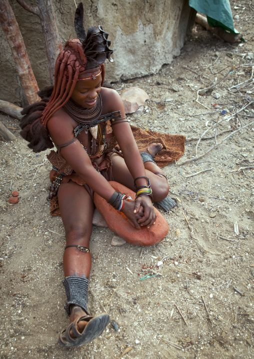 Himba Woman Making Otjize, Epupa, Namibia