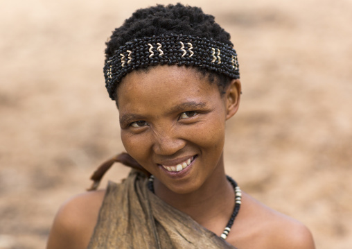 Bushman Woman With Beaded Traditional Headdress, Tsumkwe, Namibia