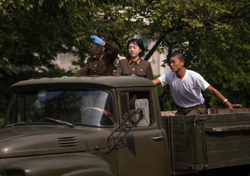 North Korean soldiers at the back of a truck, Pyongan Province, Pyongyang, North Korea