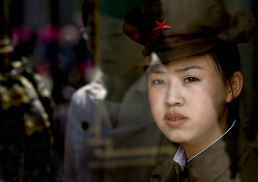 North Korean woman guard in central history museum, Pyongan Province, Pyongyang, North Korea